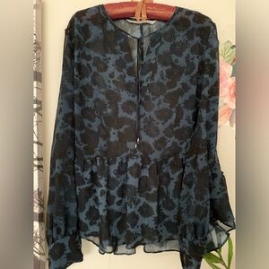 Rachel Roy Blouse, Sheer Material, Size M/L, Button Long Sleeves, Peplum